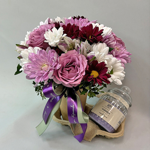 Сет "Лаванда". Набор стаканчик с цветами и аромасвечой в банке арт. 70396