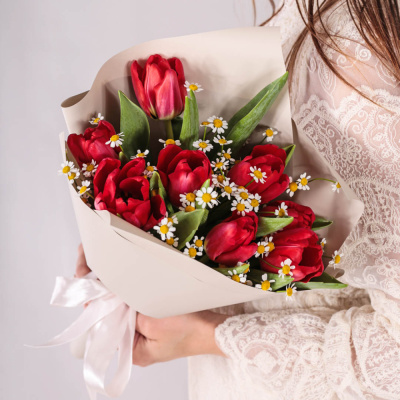 Небольшой букет из красных тюльпанов с ромашками 46336