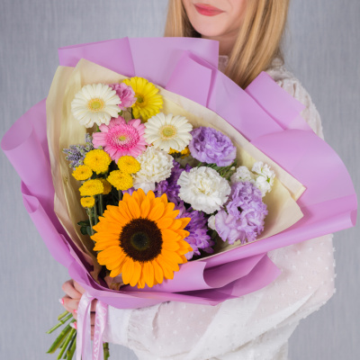 Букет в школу с подсолнухом "До свиданья, лето!" N 38164