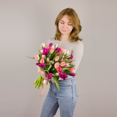Букет из 51 Тюльпана (розовый МИКС) 7336