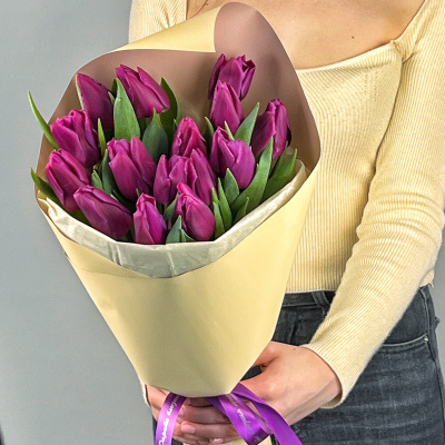 Букет из 15 пурпурных тюльпанов в упаковке 28405